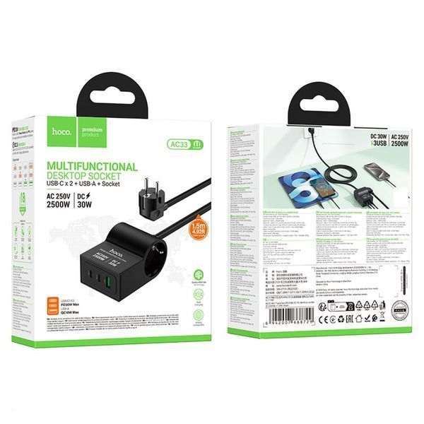 МЗП Hoco AC33 Win 1 position 30W QC+PD (1USB-A/2C/1Socket) (1.5m) 82826 фото